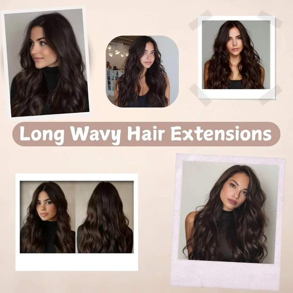 4Pcs Dark Brown Long Wavy Synthetic Clip In Hair Extensions for Women